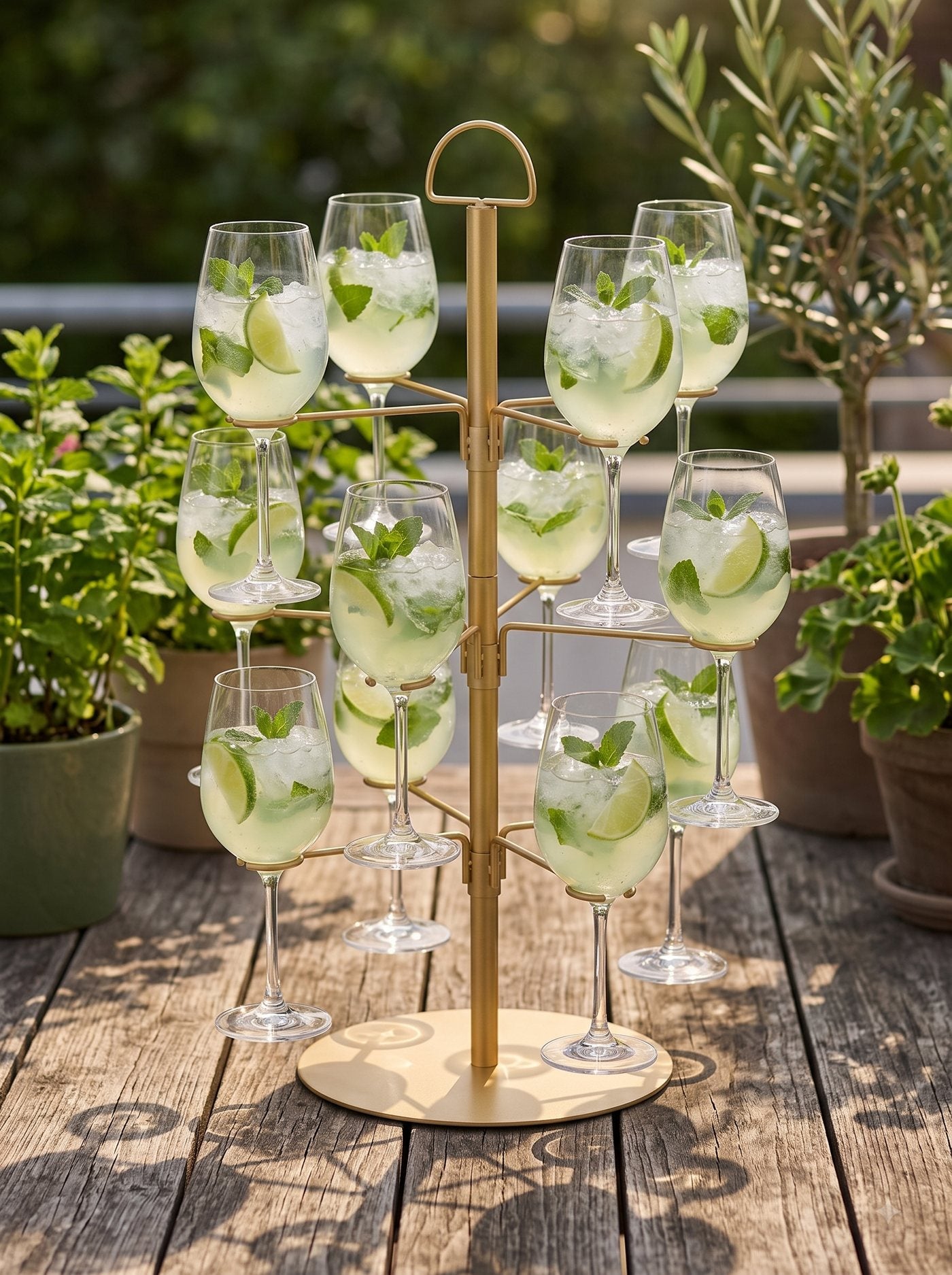 Cocktail Boom in goud op een houten terrastafel, gevuld met mojito's