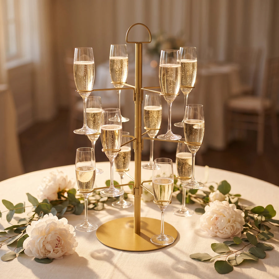 Cocktailboom met champagneflutes en witte pioenen op een bruiloftstafel
