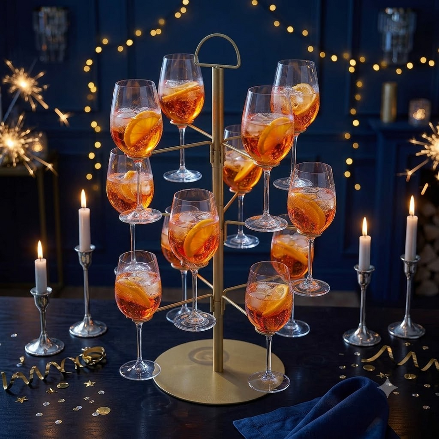Oud en nieuw: cocktailboom met twaalf glazen, klok op vijf voor twaalf