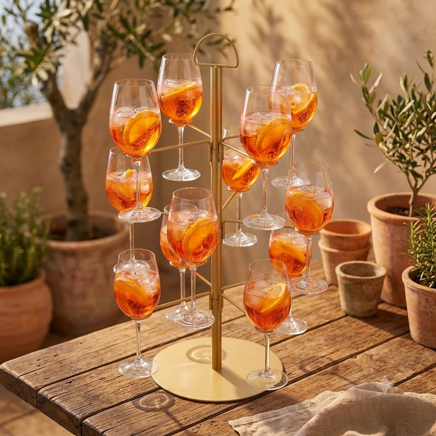 Spritz toren: cocktailboom met twaalf Aperol Spritz op een terras