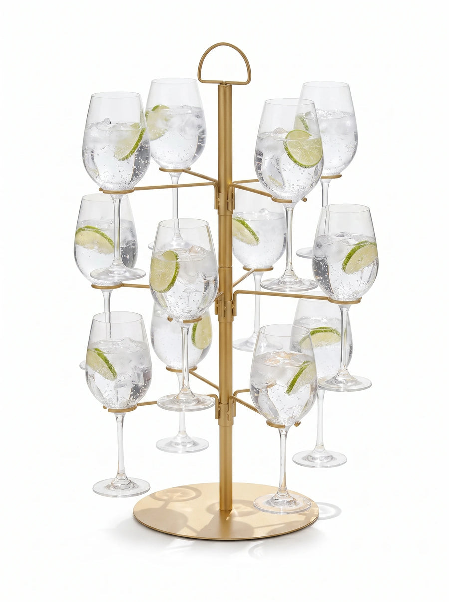 Gin boom: gouden cocktailboom met twaalf glazen gin-tonic in de ringen