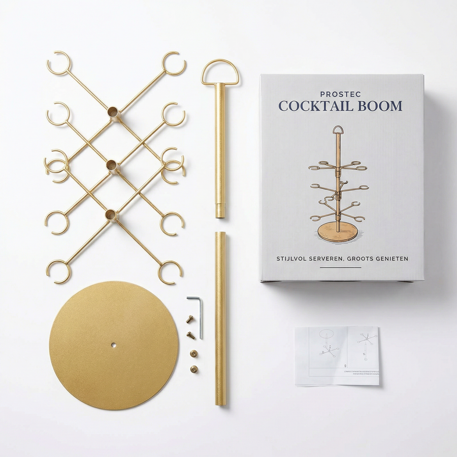 De Cocktail Boom-doos met alle onderdelen als flatlay