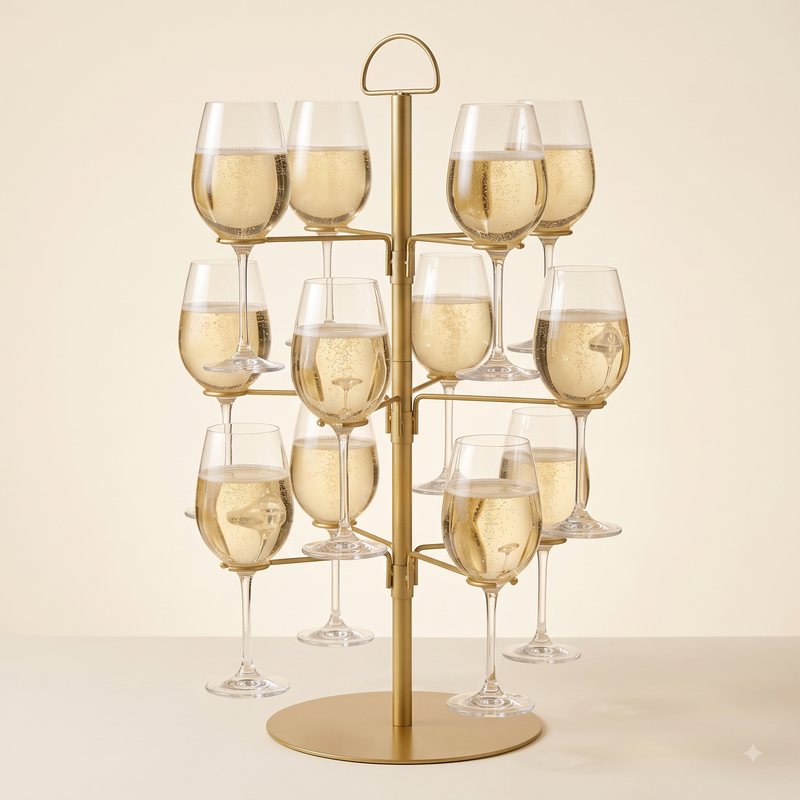 Cocktail Boom in goud met twaalf glazen champagne