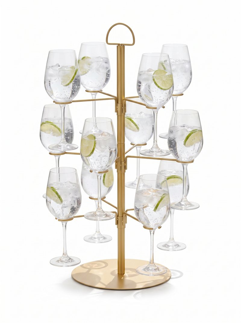 Cocktail Boom in goud met twaalf glazen gin-tonic met limoen